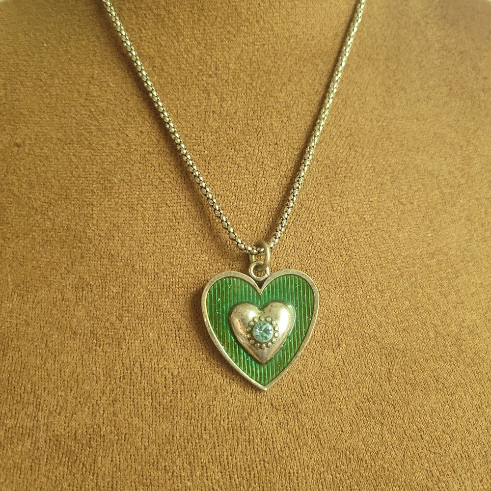Marc Labat Green Enamel Heart Pendant Necklace Silver Tone 16-19 In Cottagecore